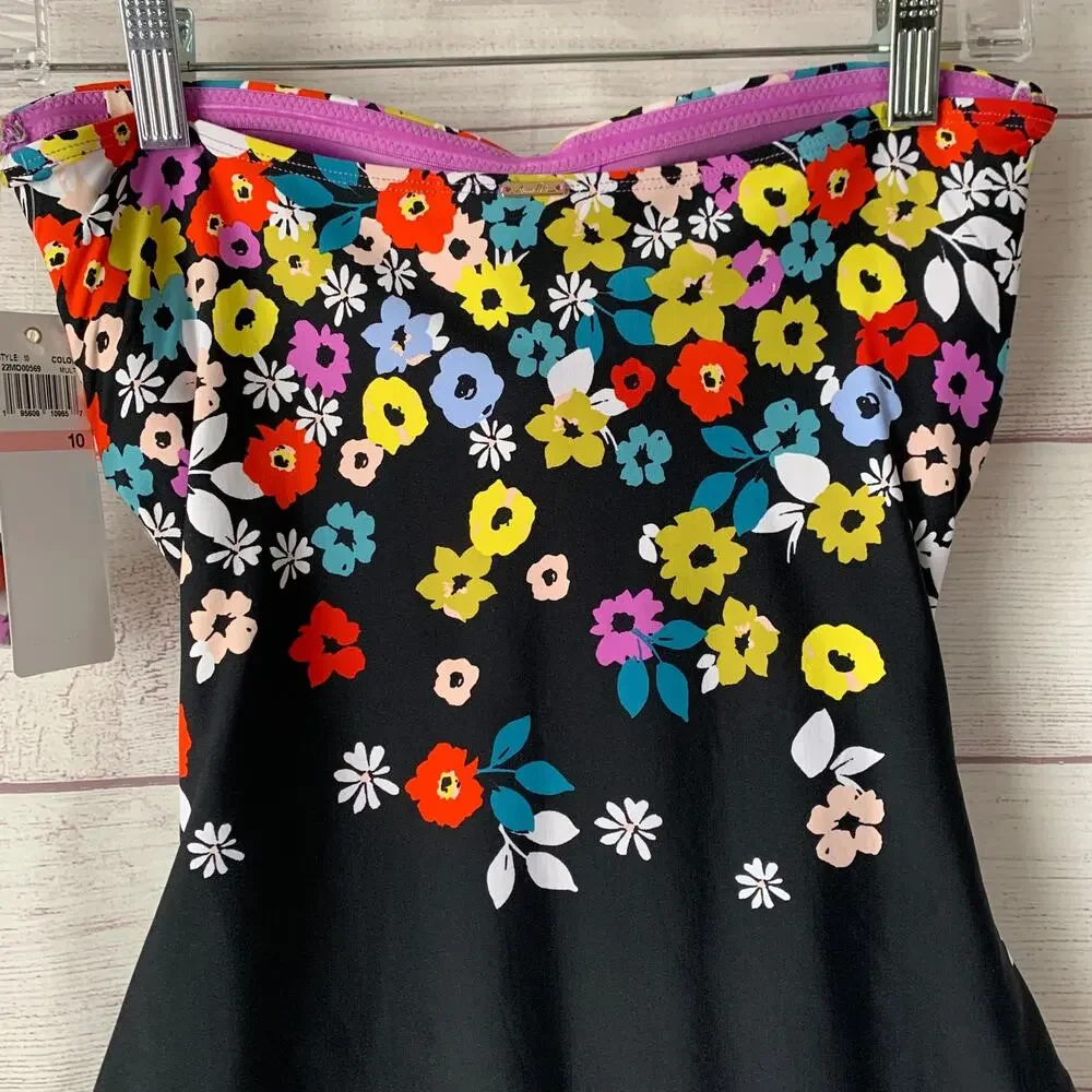Anne Cole Black Colorful Floral Swimsuit Attachable Halter Strap Size 10